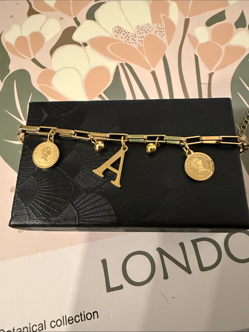 Non Tarnish Gold Charm Chain Bracelet with Letter A Charm
